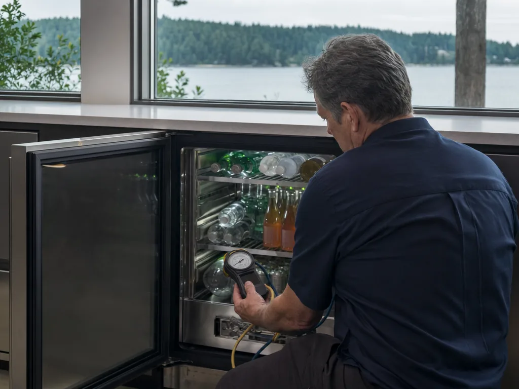 Technician repairing a built-in beverage center in a Seattle kitchen