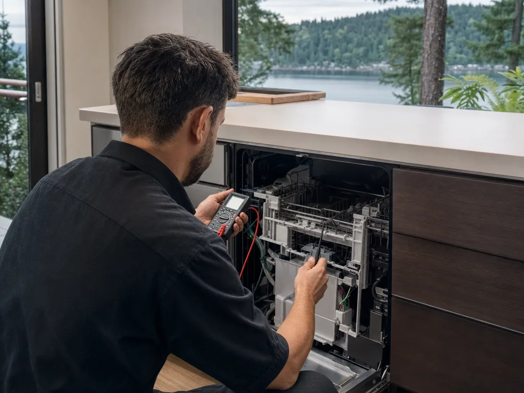 Technician servicing a Bosch built-in appliance in a Seattle home