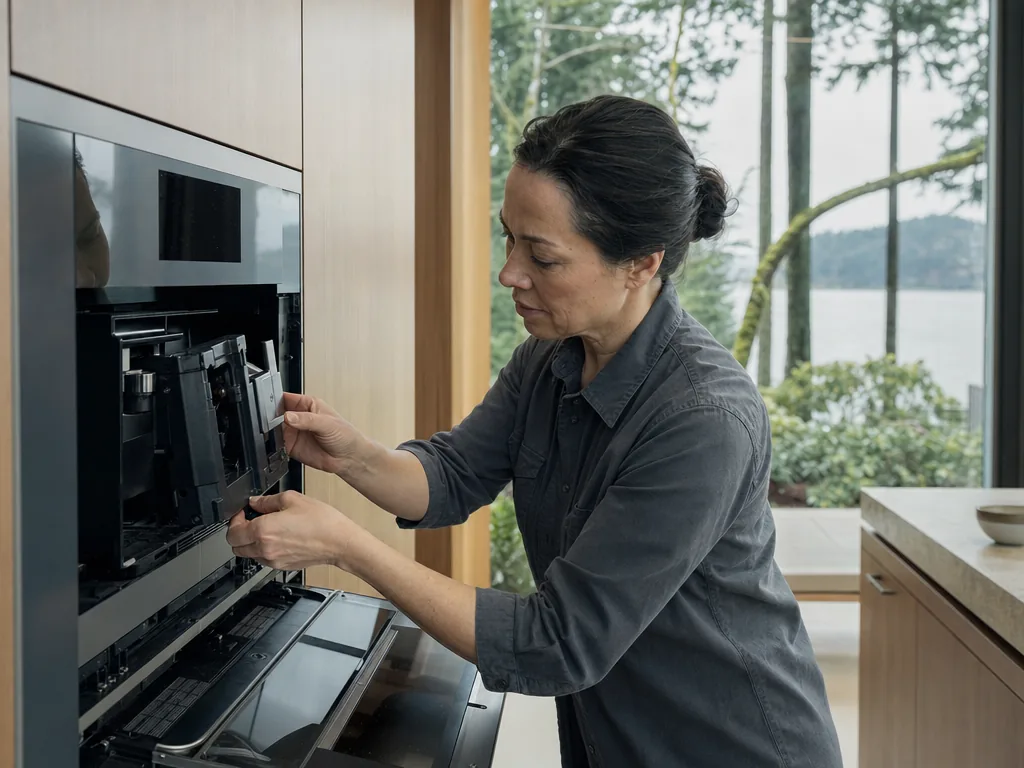 Technician repairing a built-in coffee system in a Seattle kitchen