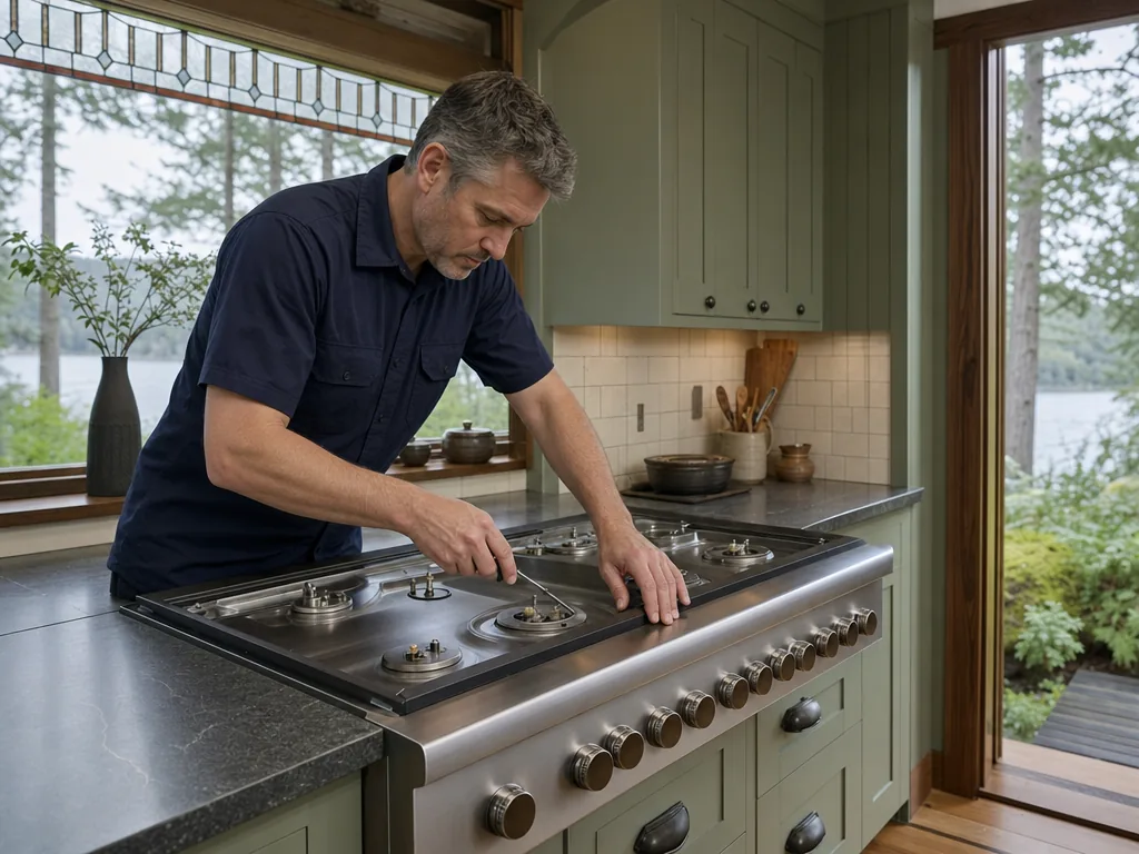 Technician repairing a built-in cooktop in a Seattle kitchen