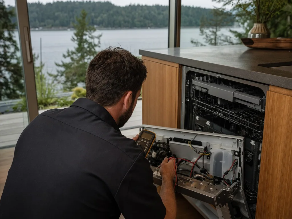 Technician repairing a built-in dishwasher in a Seattle kitchen