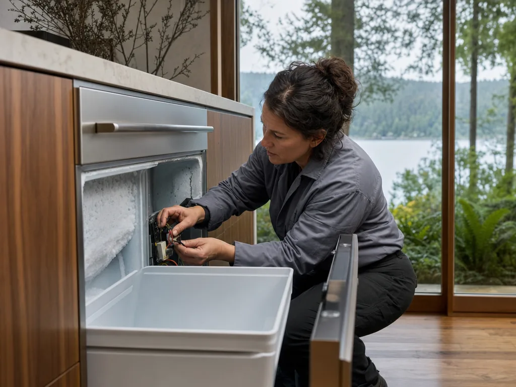 Technician repairing a built-in freezer in a Seattle kitchen