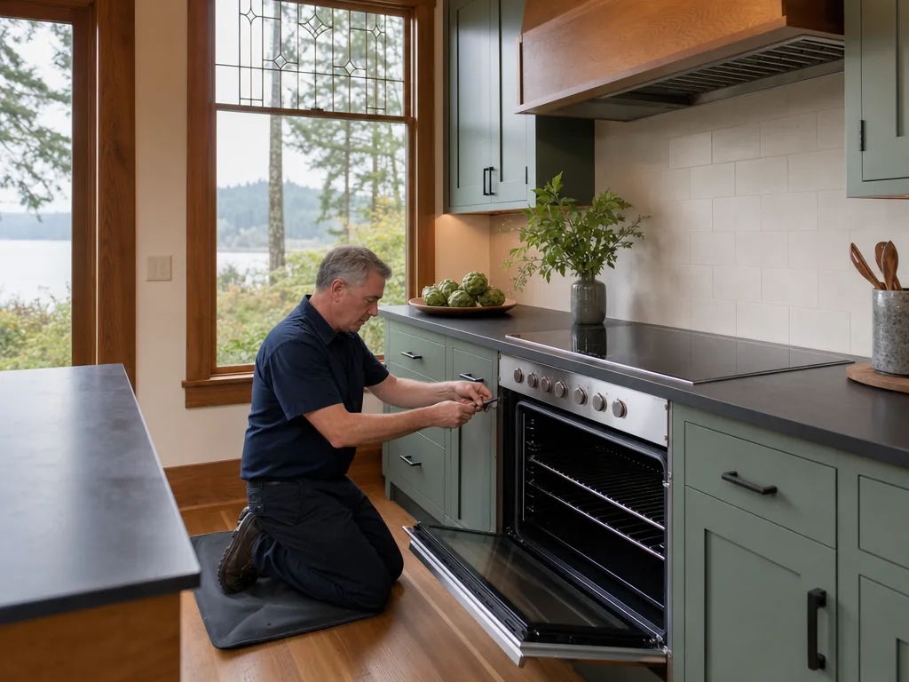 Technician servicing a Gaggenau built-in appliance in a Seattle home