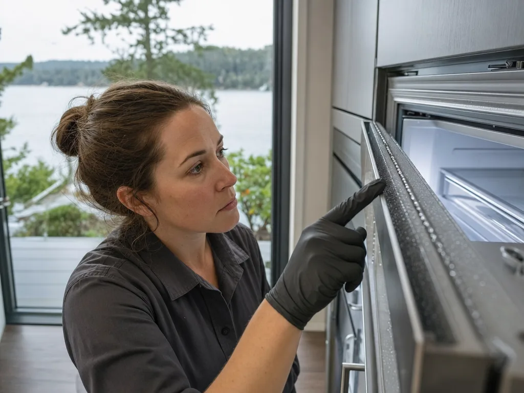 Condensation at a door seal during an appliance repair visit in Seattle, Washington