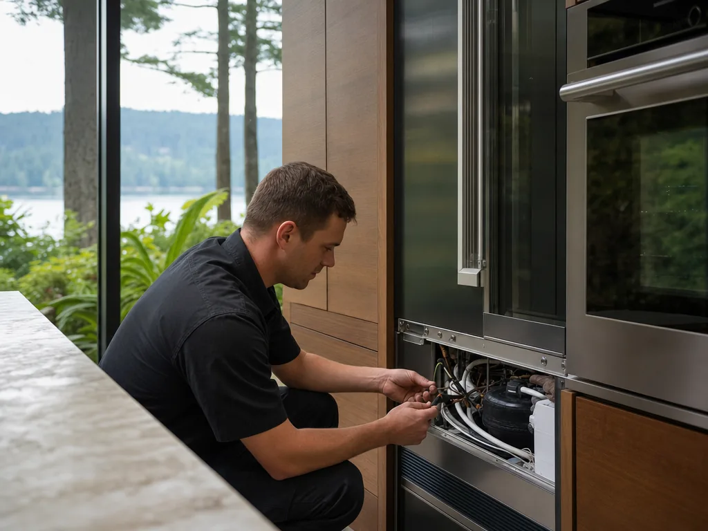 Technician servicing a GE Monogram built-in appliance in a Seattle home