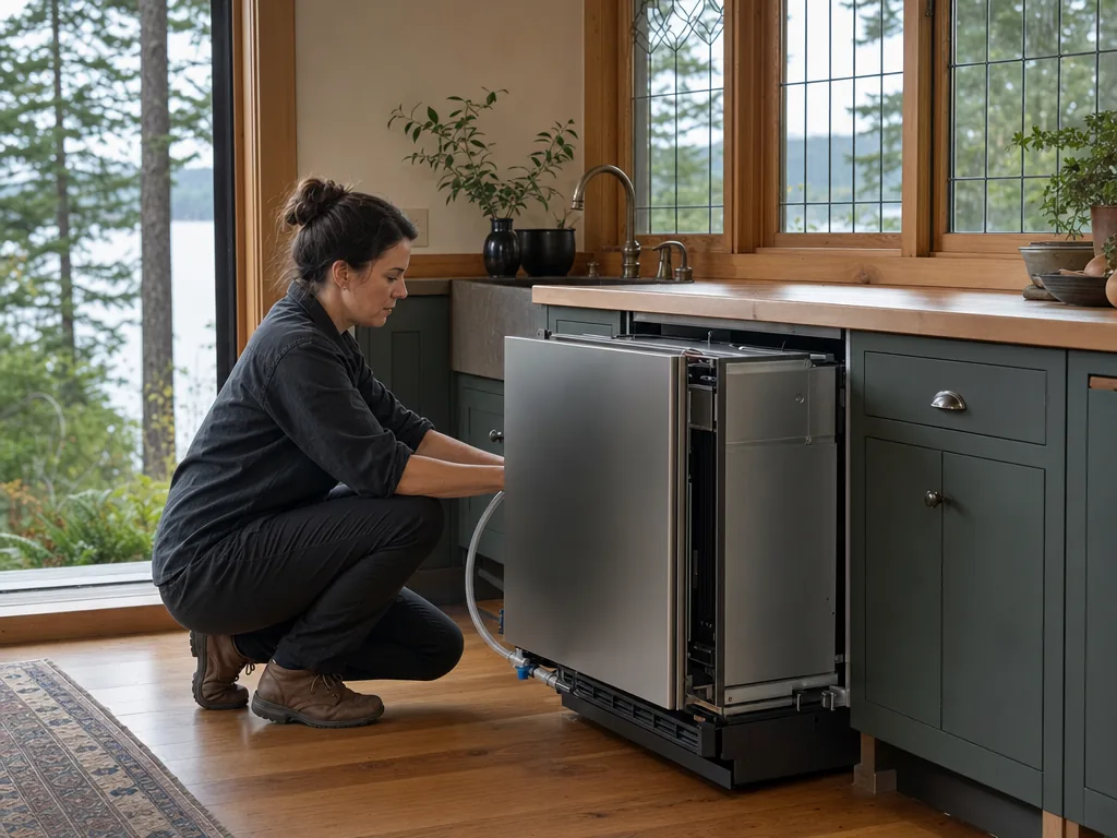 Technician repairing a built-in ice maker in a Seattle kitchen