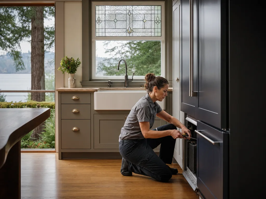Technician servicing a JennAir built-in appliance in a Seattle home