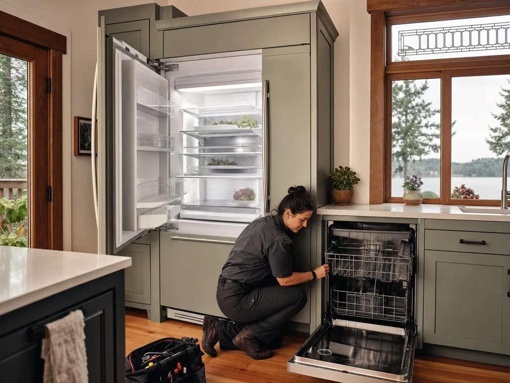 Technician servicing a KitchenAid built-in appliance in a Seattle home