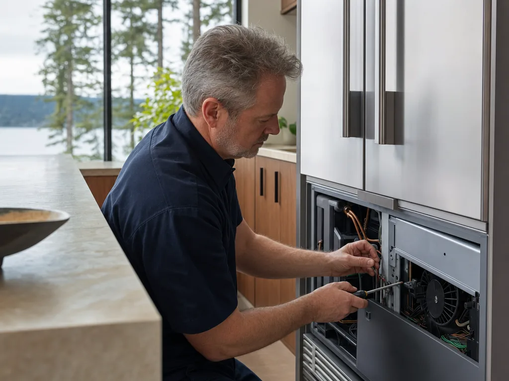 Technician servicing a LG built-in appliance in a Seattle home