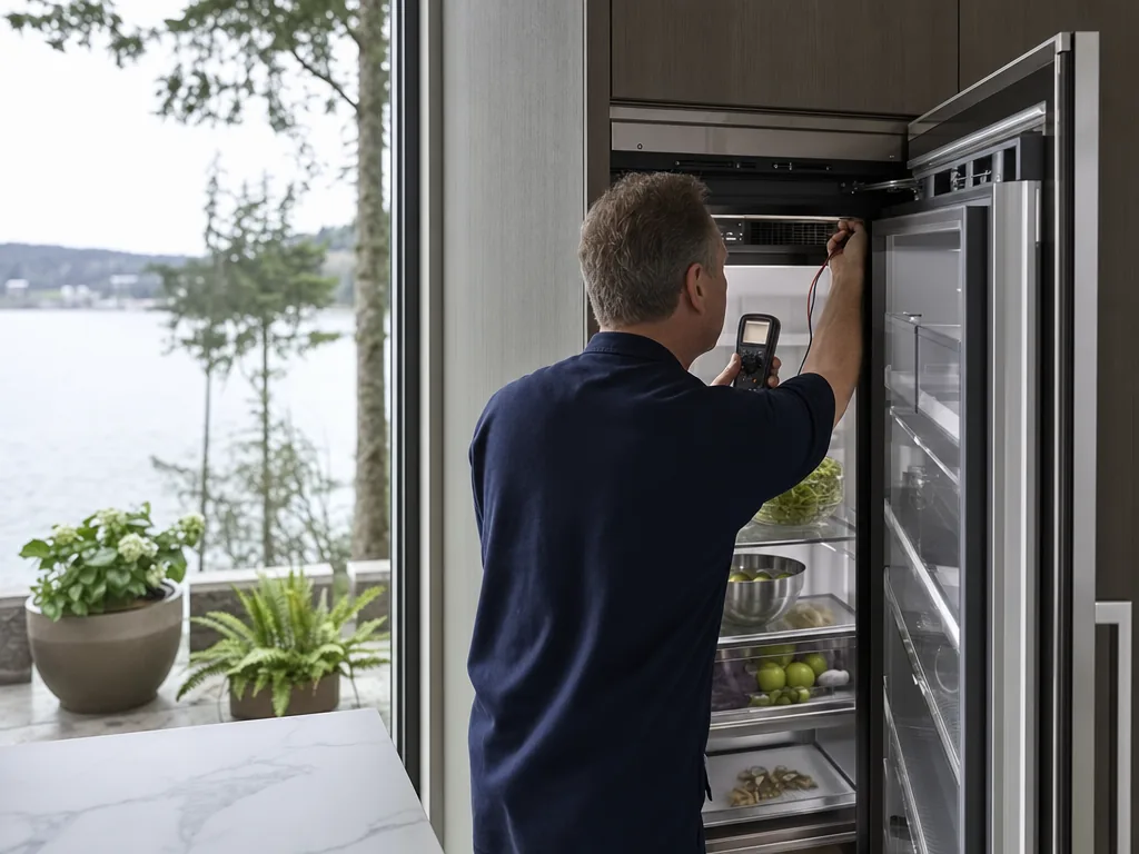 Technician servicing a Liebherr built-in appliance in a Seattle home