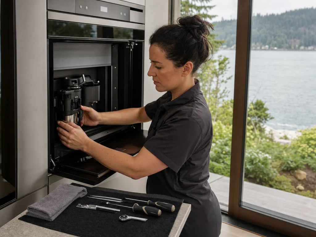 Built-in coffee system opened for repair in a Seattle kitchen