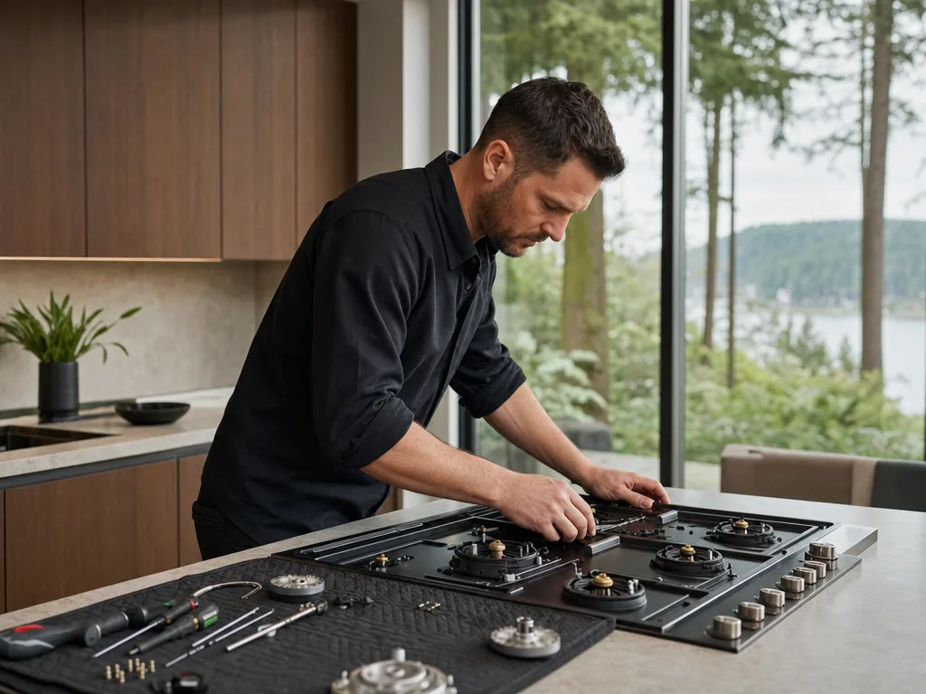 Built-in cooktop opened for repair in a Seattle kitchen