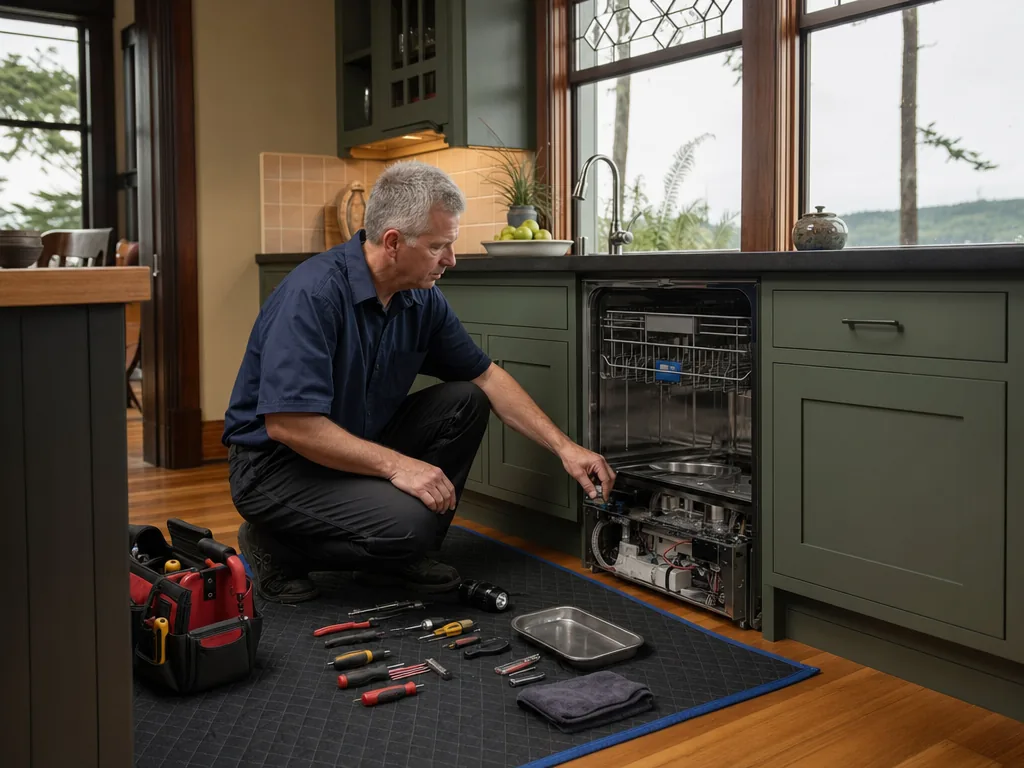 Built-in dishwasher opened for repair in a Seattle kitchen