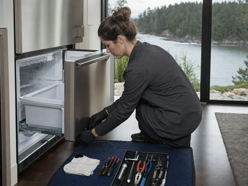 Built-in freezer opened for repair in a Seattle kitchen