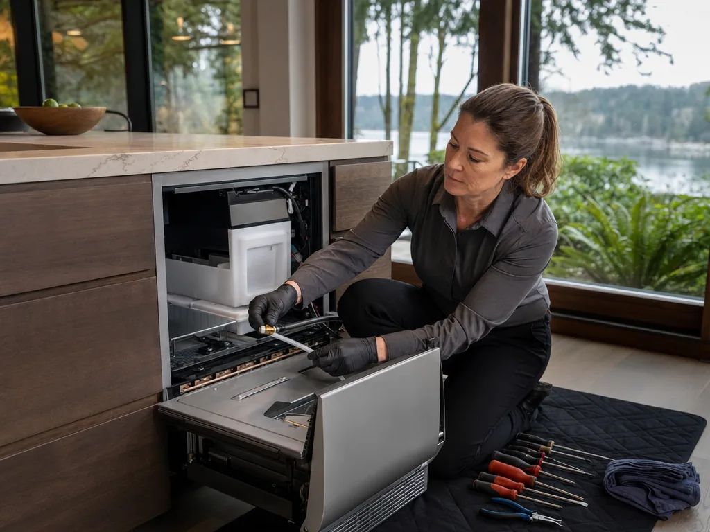 Built-in ice maker opened for repair in a Seattle kitchen