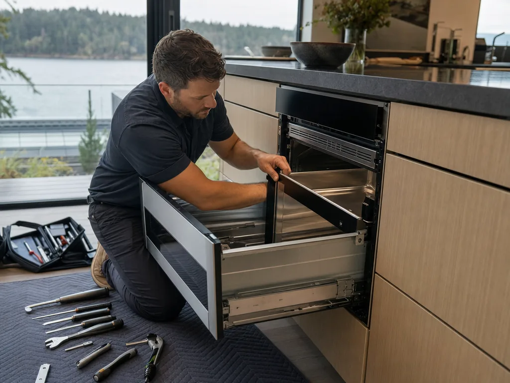 Built-in microwave opened for repair in a Seattle kitchen