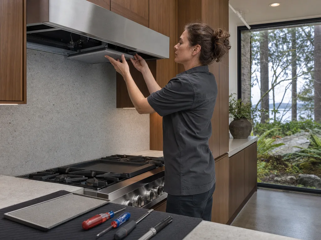 Built-in range hood opened for repair in a Seattle kitchen