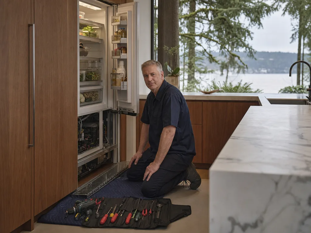 Built-in refrigerator opened for repair in a Seattle kitchen