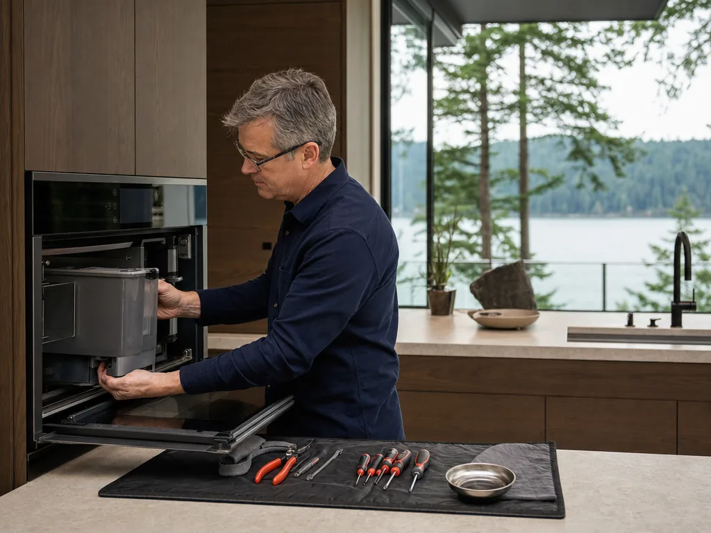Built-in steam oven opened for repair in a Seattle kitchen