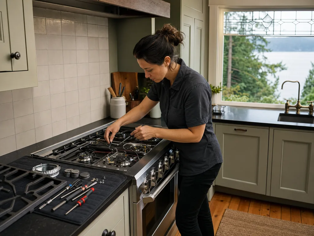 Built-in stove opened for repair in a Seattle kitchen