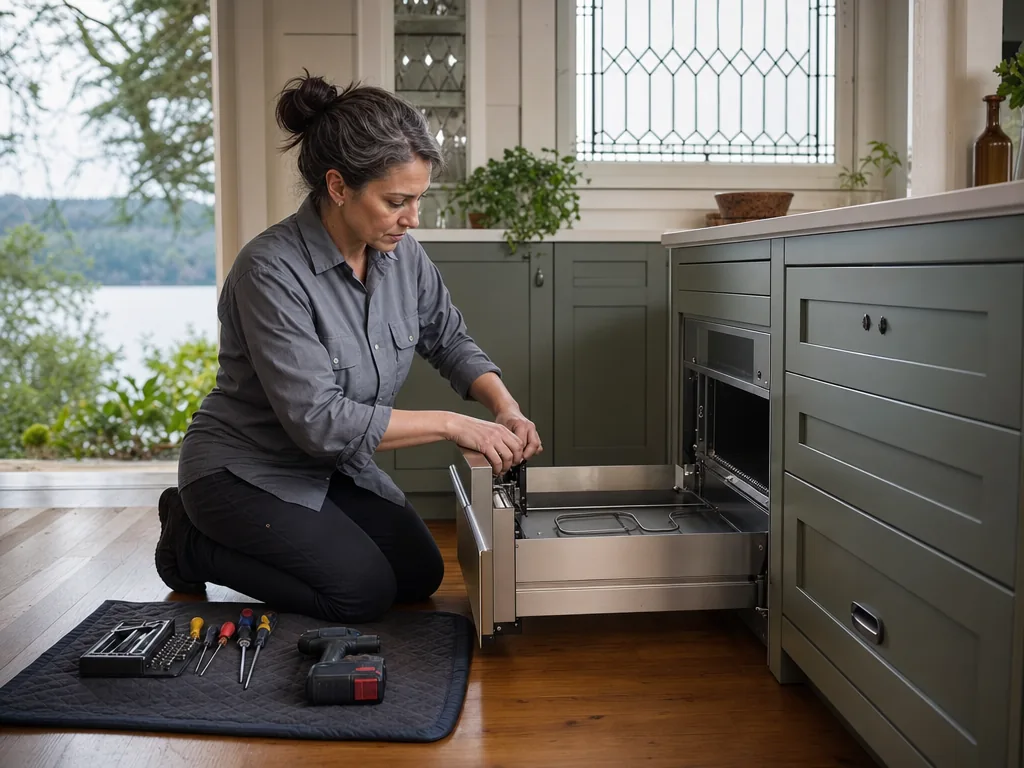 Built-in warming drawer opened for repair in a Seattle kitchen