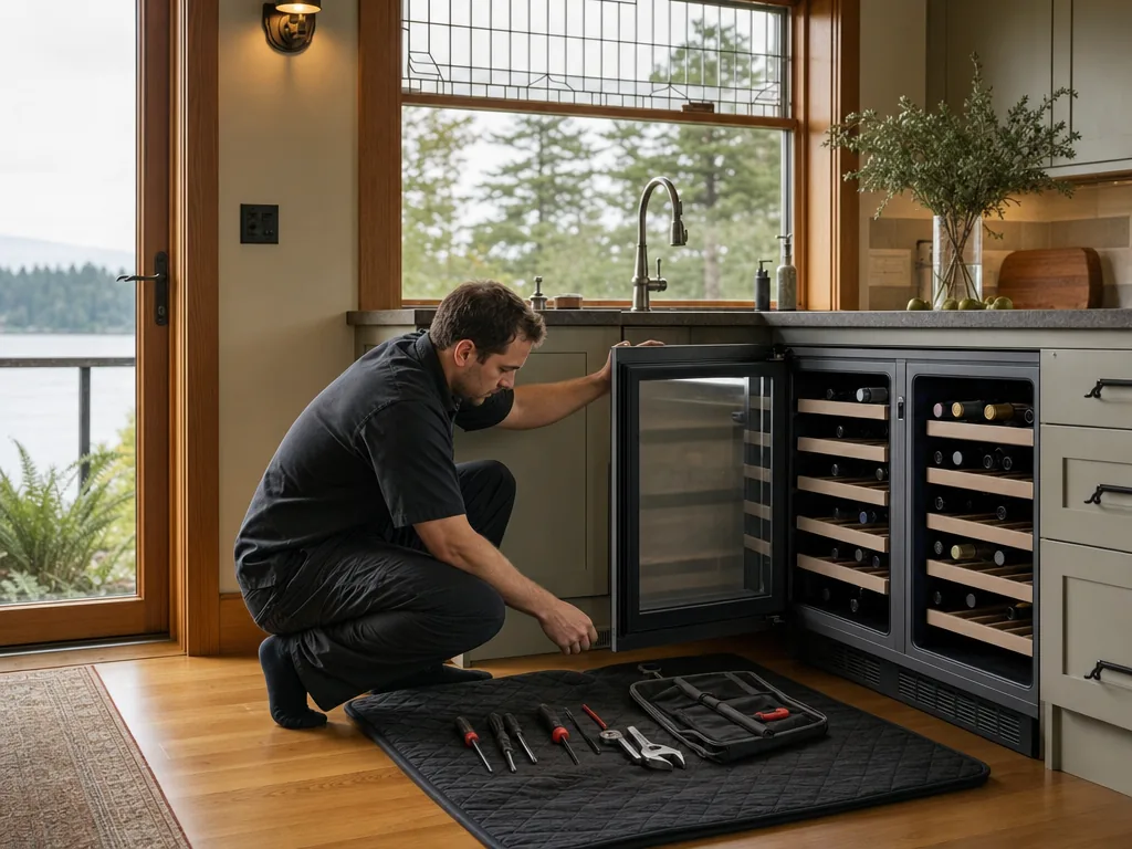 Built-in wine cooler opened for repair in a Seattle kitchen