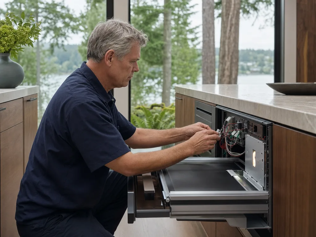 Technician repairing a built-in microwave in a Seattle kitchen