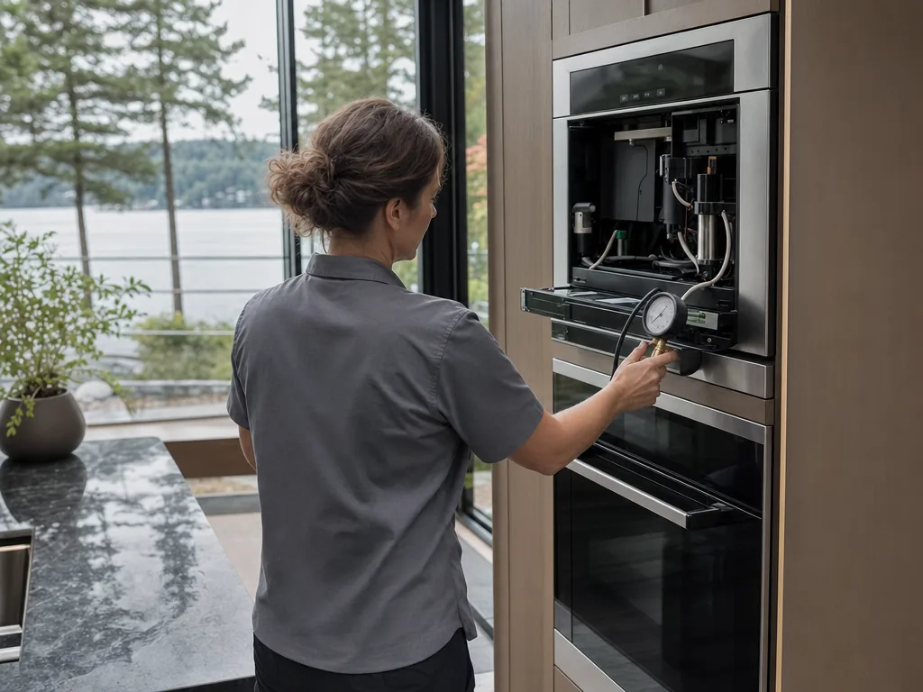 Technician servicing a Miele built-in appliance in a Seattle home