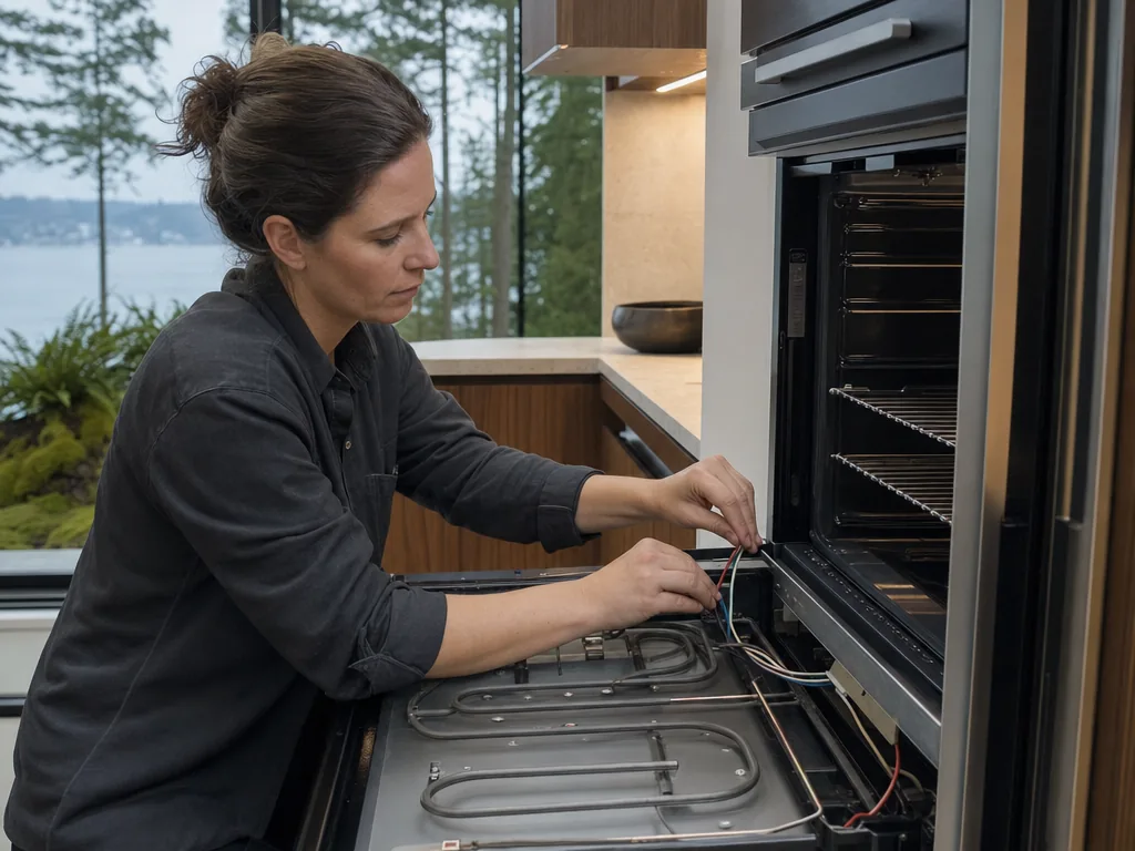 Technician repairing a built-in oven in a Seattle kitchen