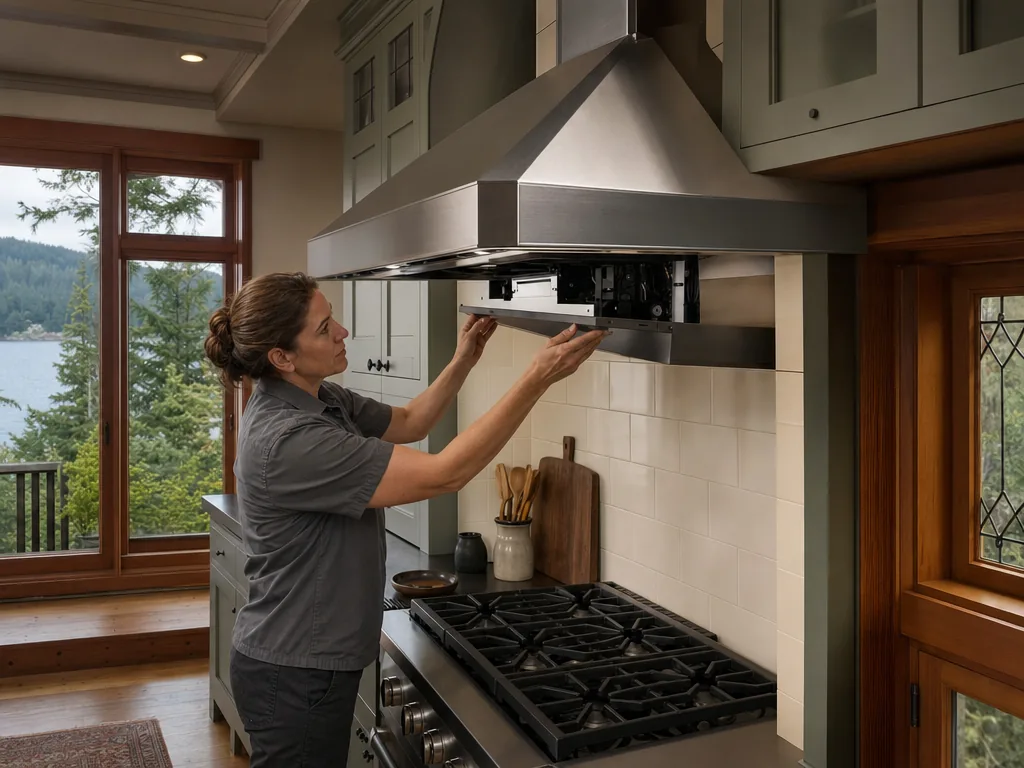 Technician repairing a built-in range hood in a Seattle kitchen