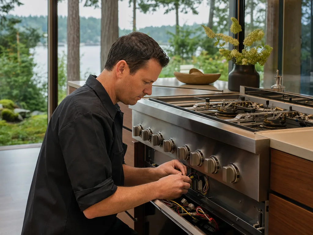 Technician repairing a built-in range in a Seattle kitchen