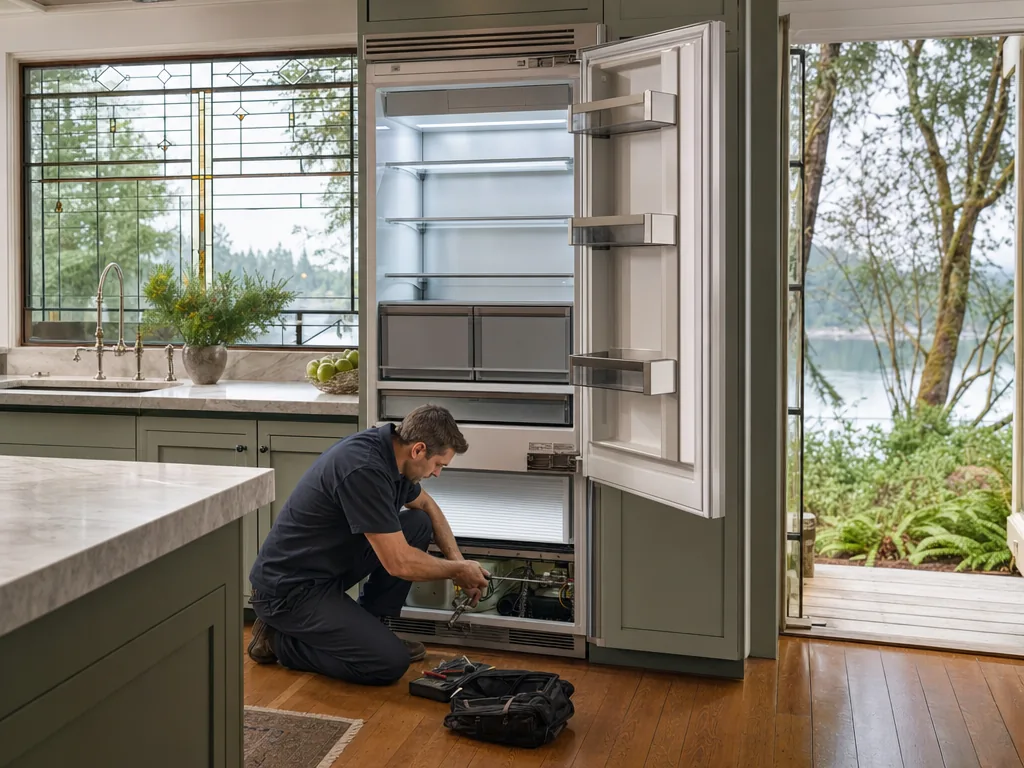 Technician repairing a built-in refrigerator in a Seattle kitchen