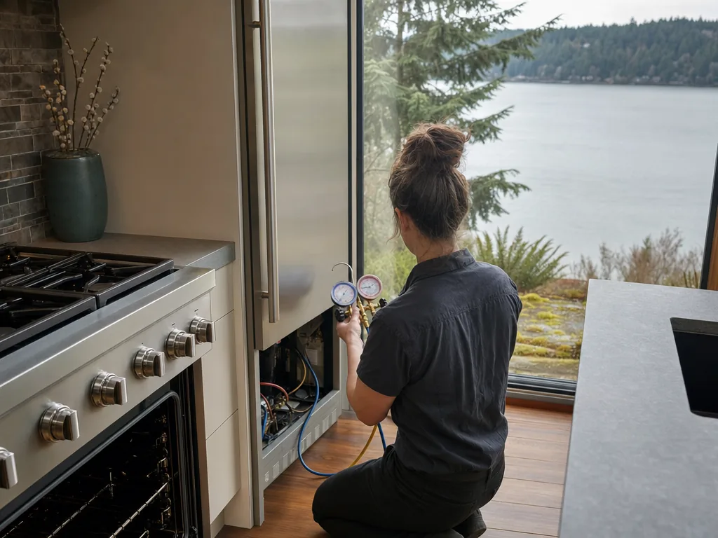 Technician servicing a Samsung built-in appliance in a Seattle home