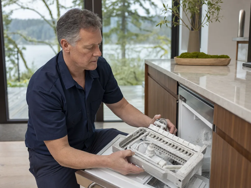 Scale in an ice maker during an appliance repair visit in Seattle, Washington