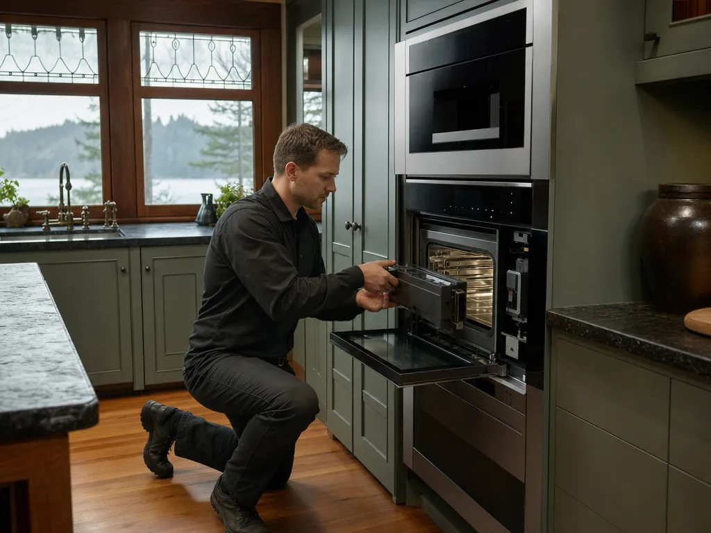 Technician repairing a built-in steam oven in a Seattle kitchen