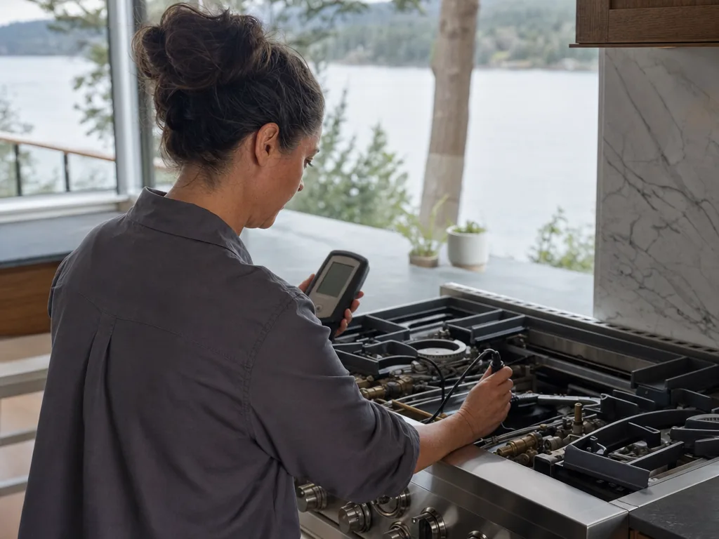 Technician repairing a built-in stove in a Seattle kitchen