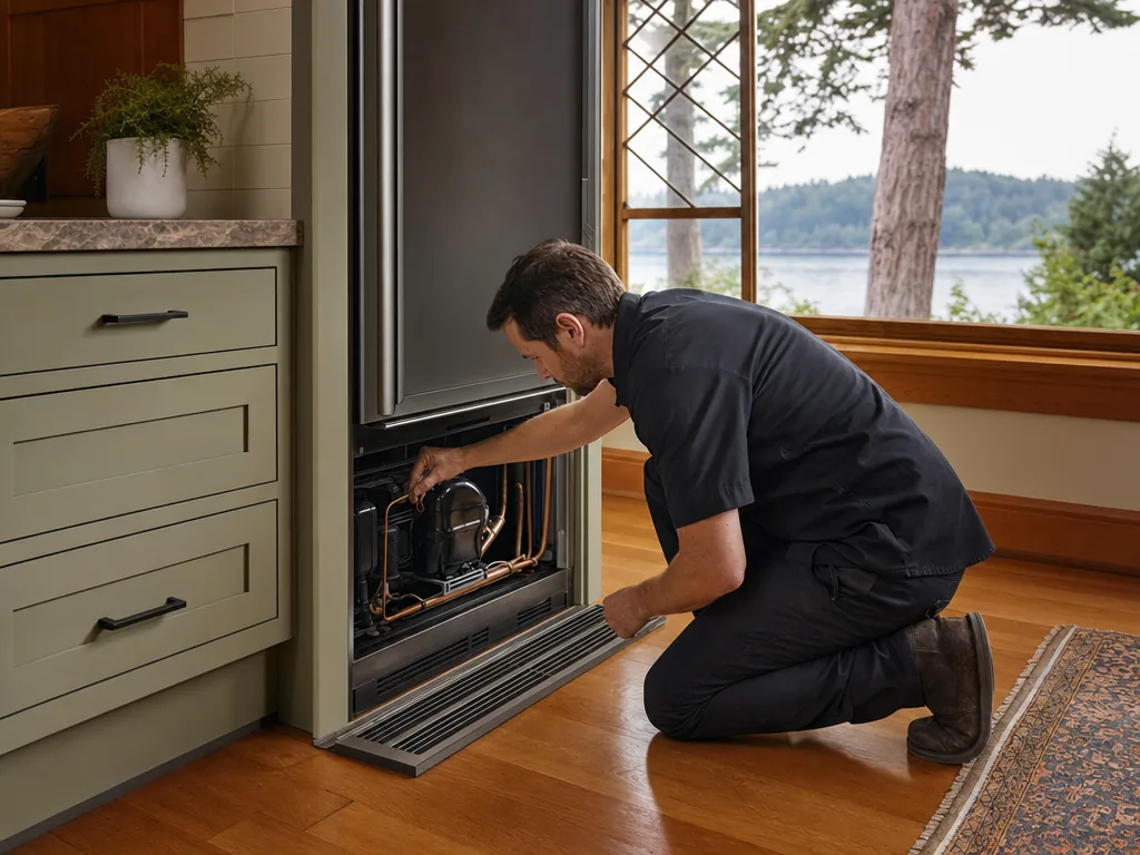 Technician servicing a built-in Sub-Zero refrigerator in a Seattle kitchen