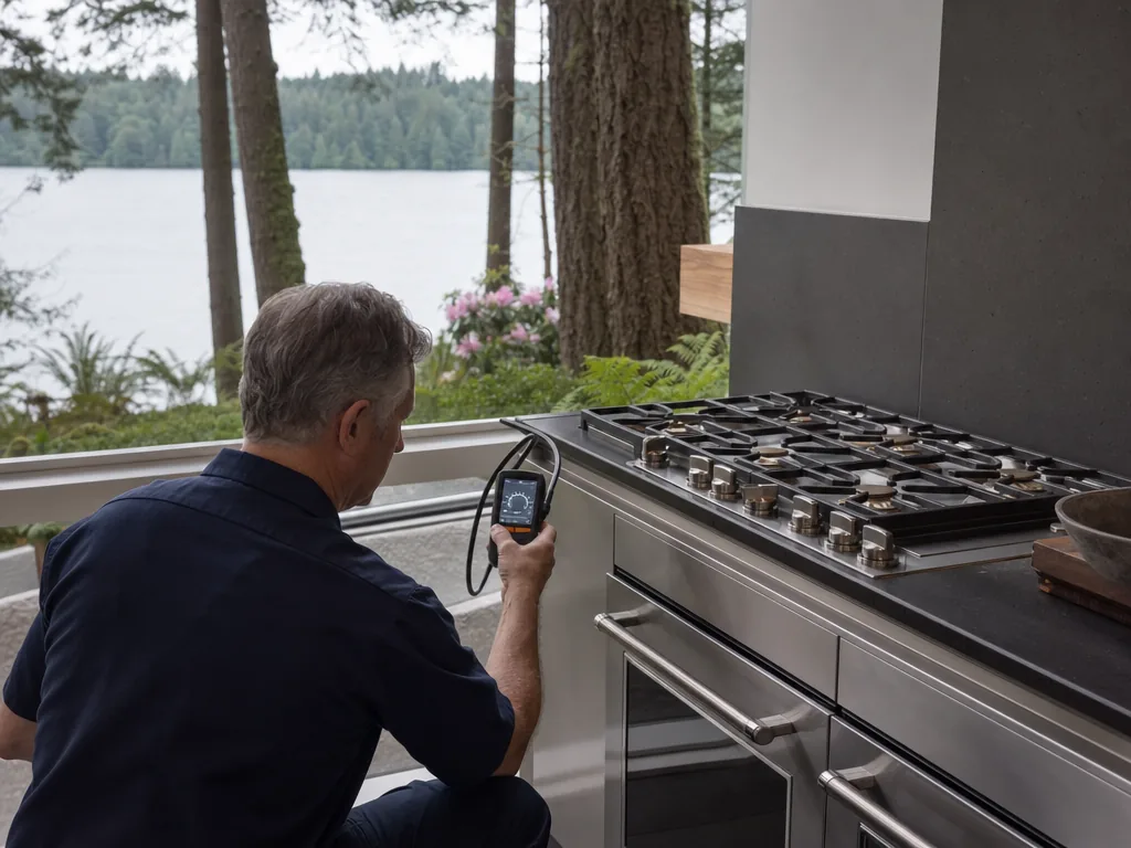 Technician servicing a Thermador built-in appliance in a Seattle home