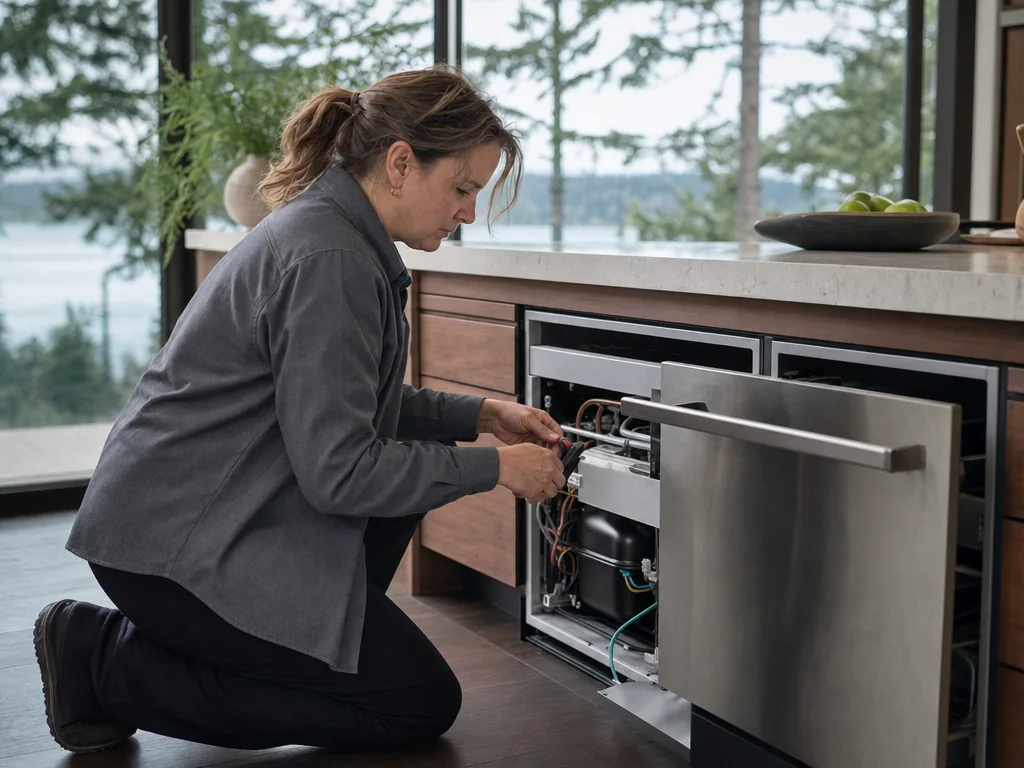 Technician servicing a U-Line built-in appliance in a Seattle home