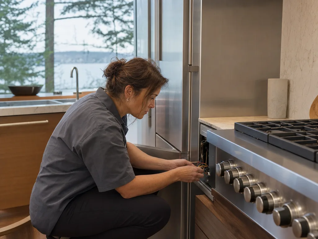 Technician servicing a Viking built-in appliance in a Seattle home