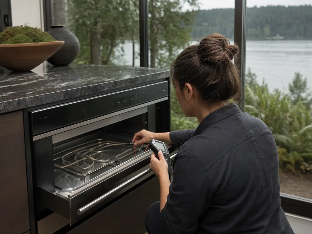 Technician repairing a built-in warming drawer in a Seattle kitchen