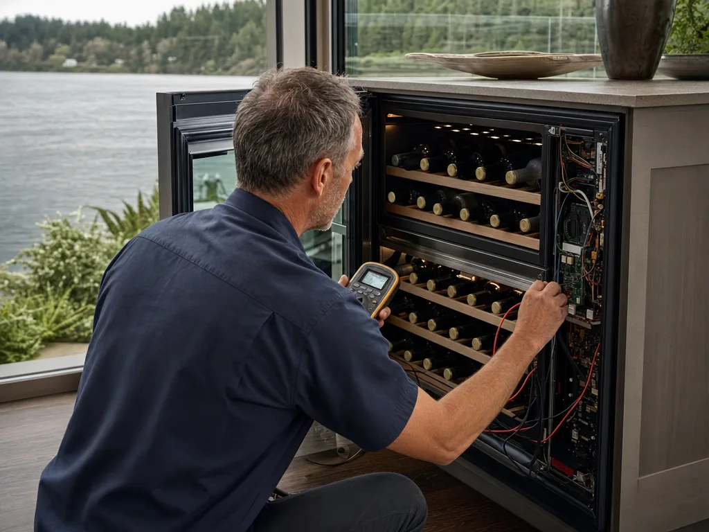 Technician repairing a built-in wine cooler in a Seattle kitchen