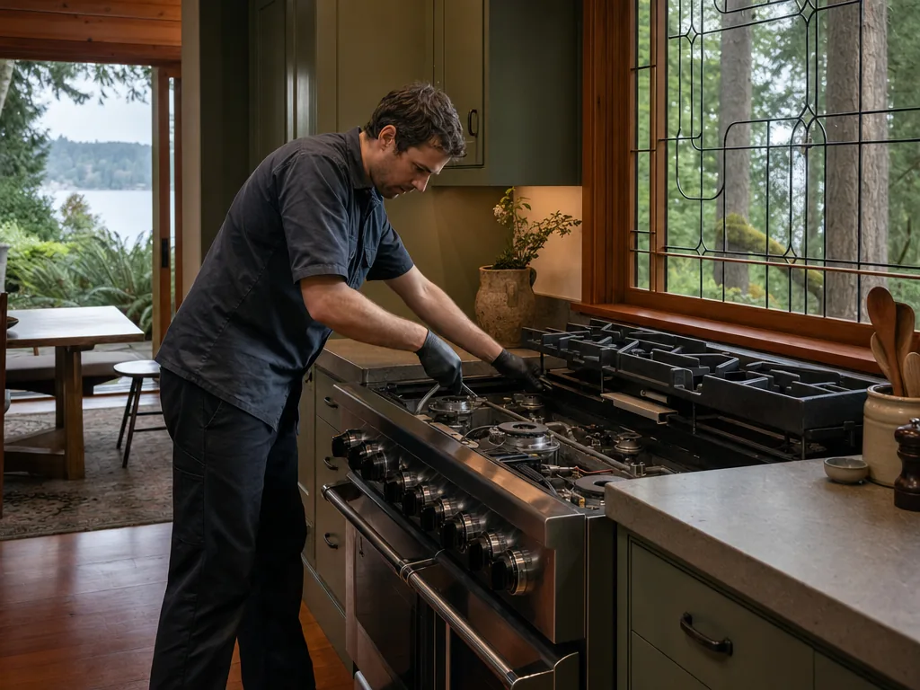 Technician servicing a Wolf built-in appliance in a Seattle home